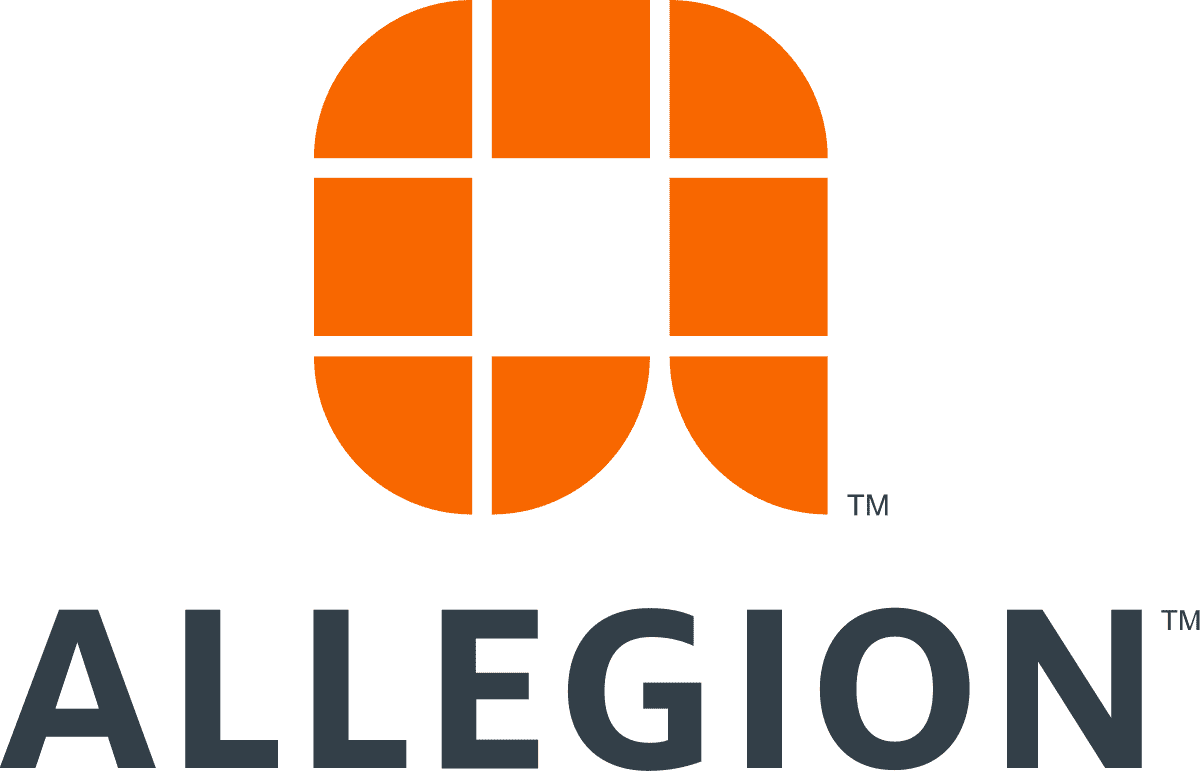 Logo of Allegion with an orange emblem resembling a stylized A above the company name ALLEGION in black text.