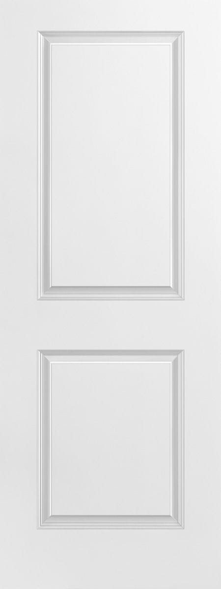 A white interior door with two rectangular panels, one above the other.