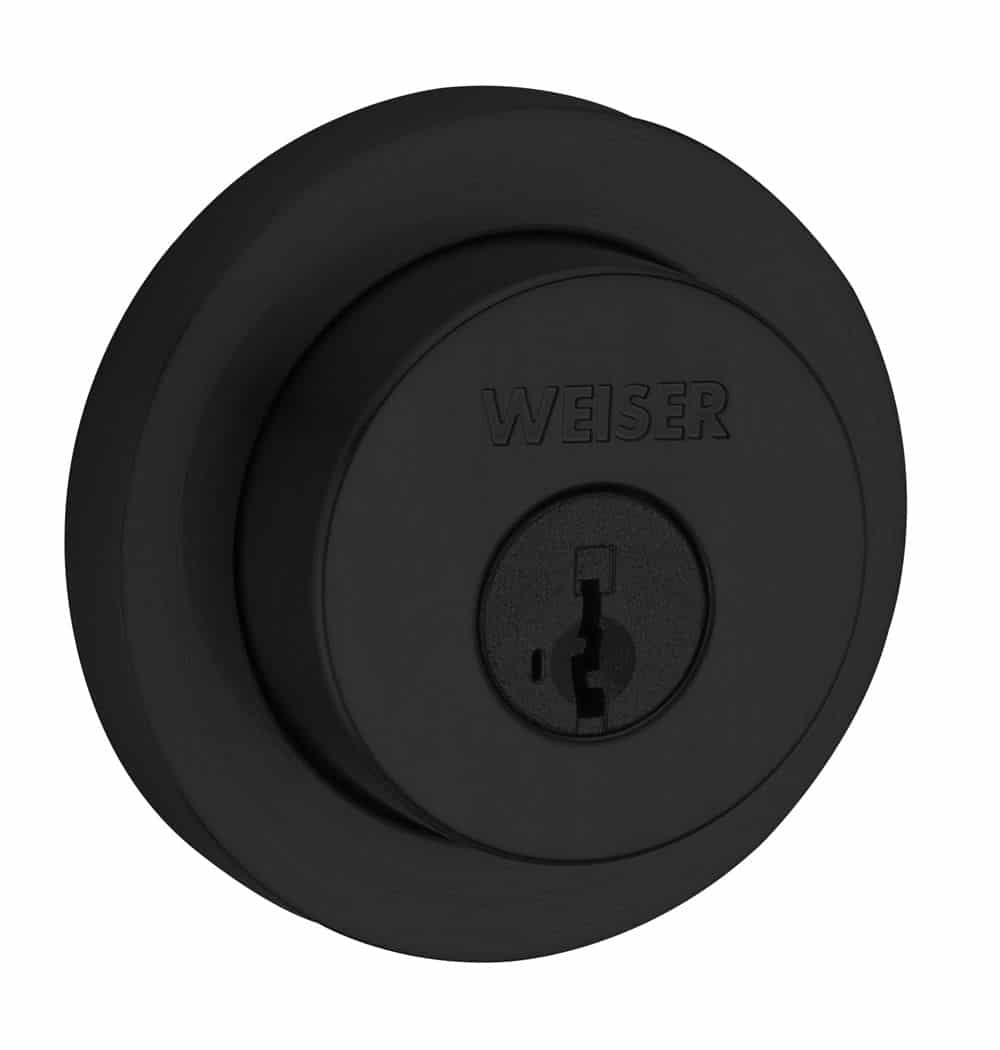 Black round door lock with Weiser engraved above the keyhole.