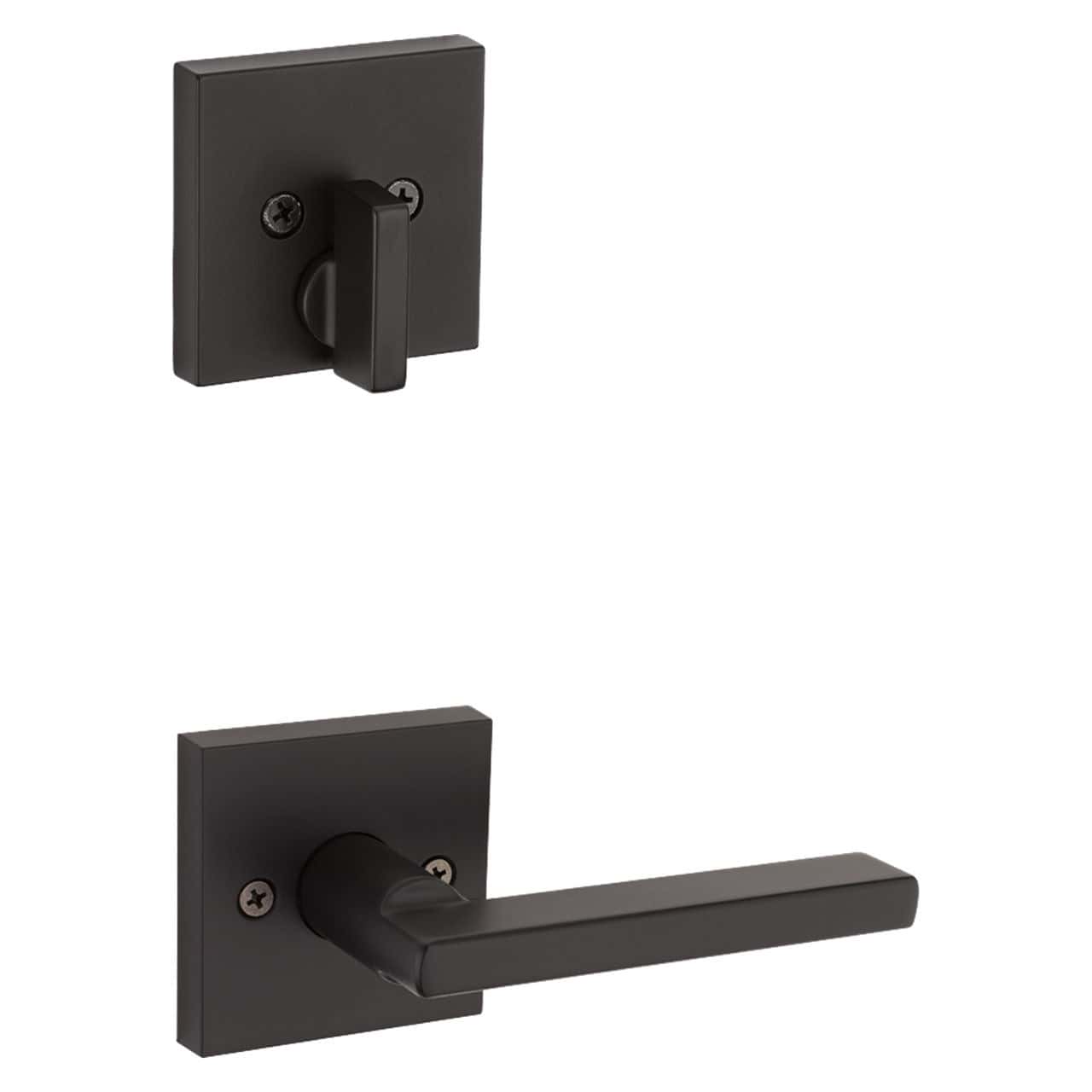 A matte black door lever handle set with a square backplate and a separate square thumb turn lock.