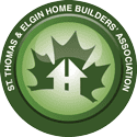 Logo of St Thomas & Elgin Home Builders' Association featuring a house silhouette with three green maple leaves in the background, enclosed in a green circular frame with the association's name.