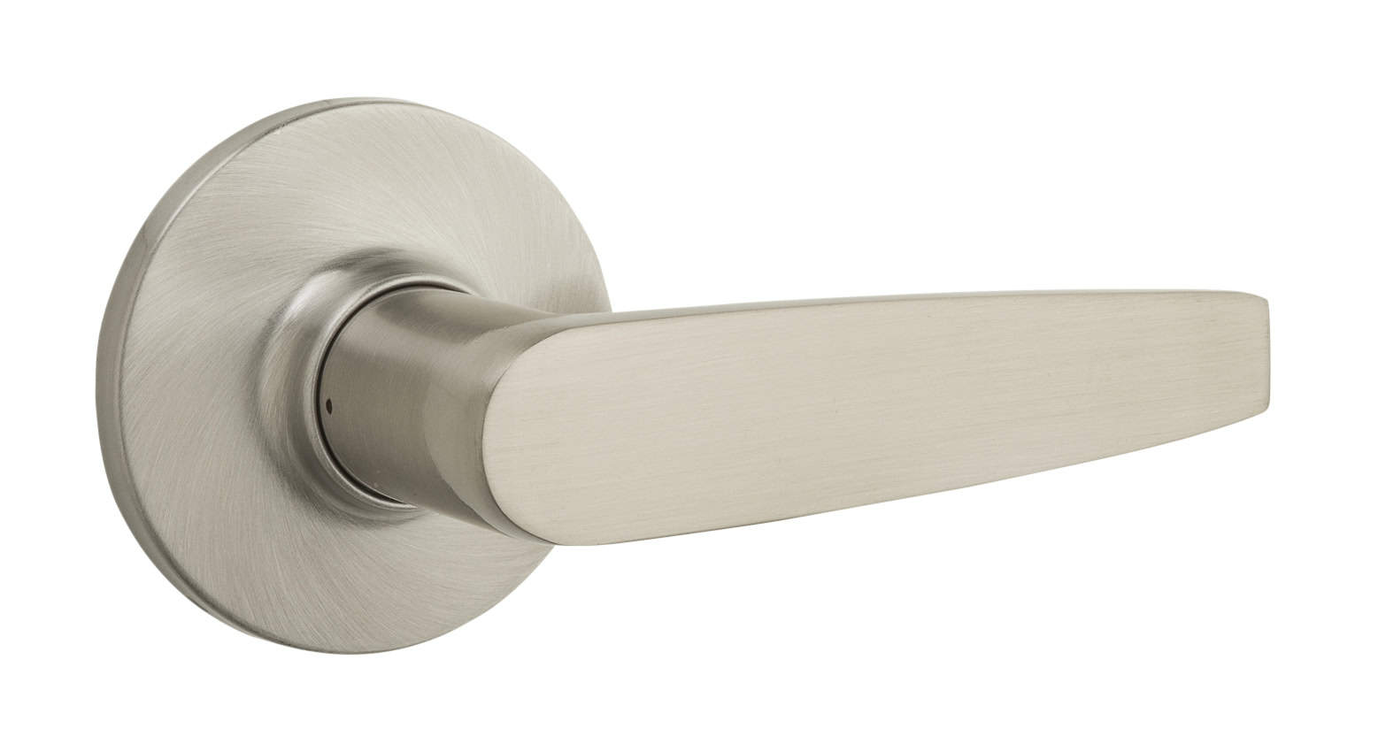 A brushed metal door lever with a round base, shown on a white background.