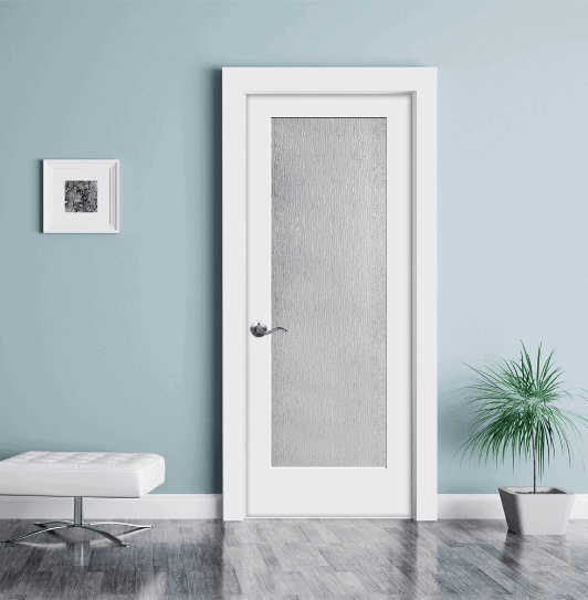 A white-framed door with a frosted glass panel is set in a light blue wall. A modern white bench is on the left, and a potted plant is on the right. A small wall art piece hangs beside the door.