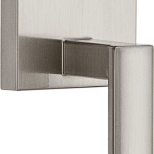 A modern, silver door handle with a square lock and a vertical pull lever design.