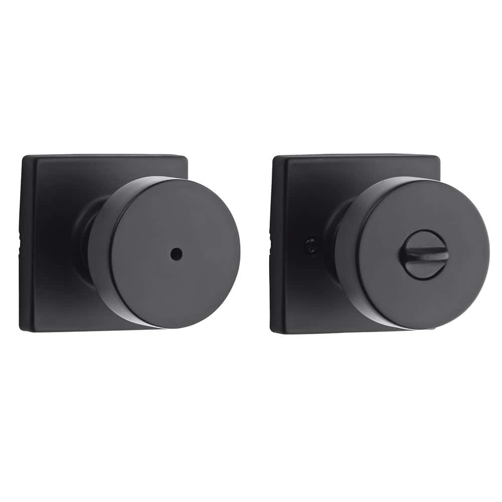 Black door knobs with square plates; one with a privacy pinhole, the other with a thumb turn lock feature.