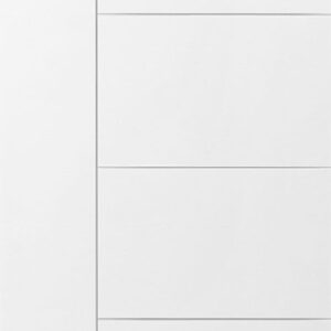 Plain white panel door with vertical and horizontal grooves.