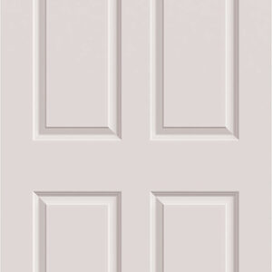 A white six-panel interior door with a simple, classic design.