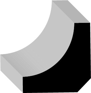 A gray and black 3D geometric shape resembling a quarter cylinder rests on a flat surface.