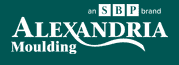 Logo of Alexandria Moulding, an SBP brand, with white text on a green background.