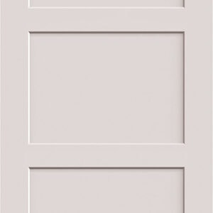 A white interior door with three rectangular panels stacked vertically.