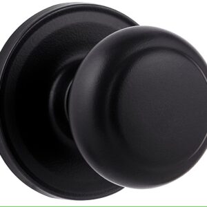 A black, round door knob with a circular base is shown against a white background.