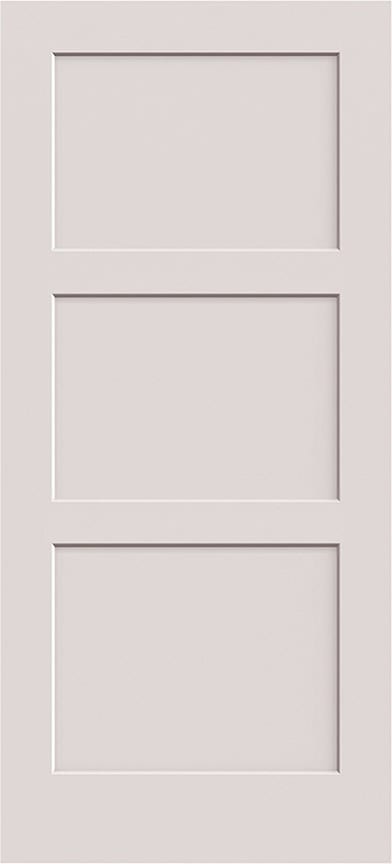 A white interior door with three rectangular panels stacked vertically.