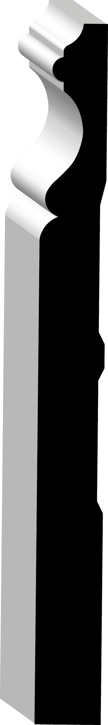 A long, twisted white ribbon-like object is suspended vertically against a plain background.