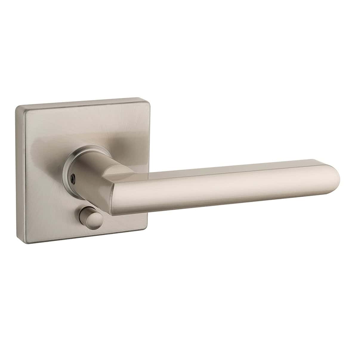 A brushed steel door handle on a square plate set against a white background.
