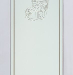 Frosted glass door with the word Laundry and an illustration of a washboard and laundry basket in the center panel.