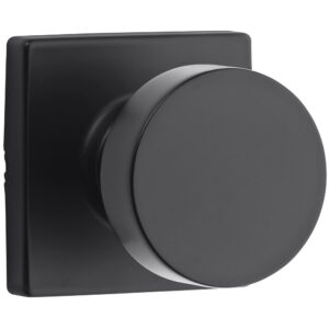 A matte black door knob with a square base.