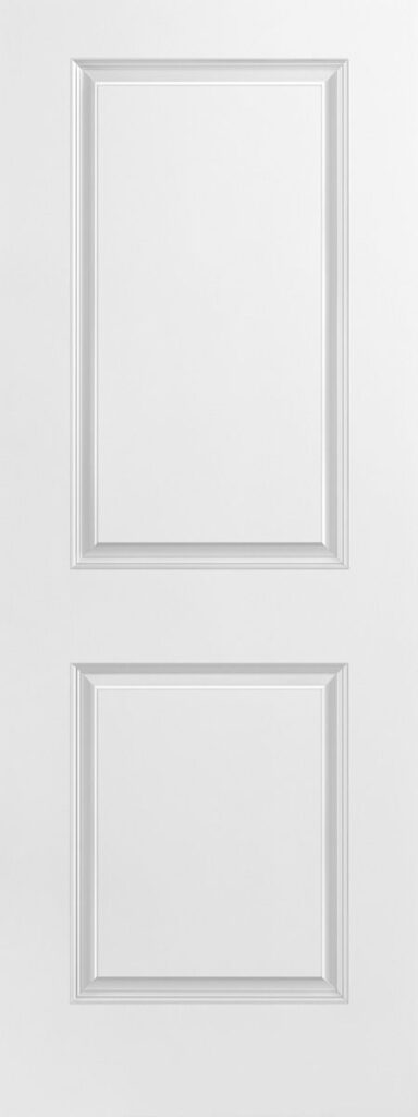 A white interior door with two rectangular panels, one above the other.
