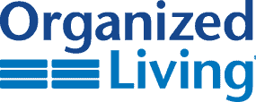 Logo with the words Organized Living in blue and stacked horizontal lines symbolizing organization.