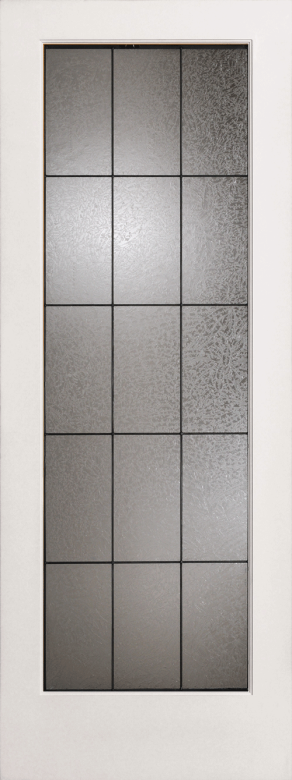 A tall, rectangular door with a white frame featuring a grid of frosted glass panes.