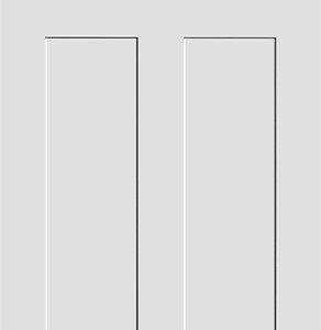 A simple, gray, three-panel door design with one horizontal panel at the top and two vertical panels below it.