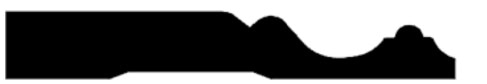 Black silhouette of an abstract shape on a white background. The shape features a small bump on the right side.