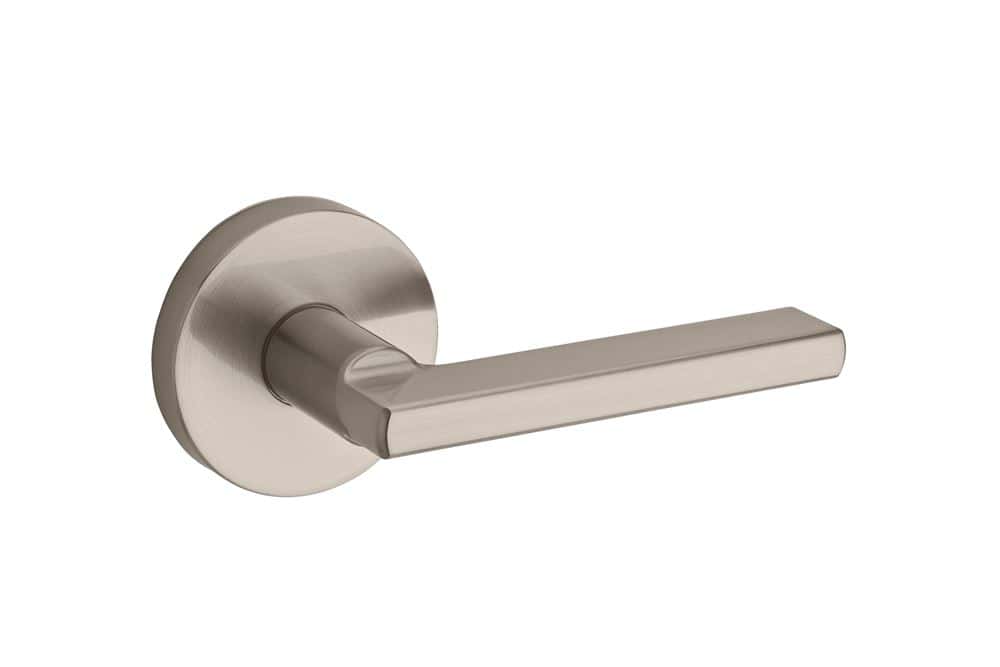 A sleek, modern stainless steel door handle with a circular base and straight lever design.