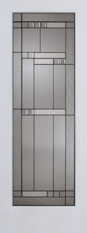 A glass door panel with a geometric design consisting of frosted and clear glass sections arranged in vertical and horizontal patterns.