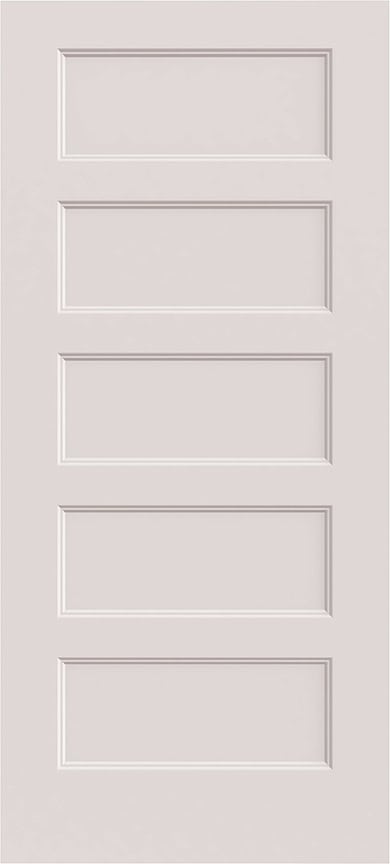 A white door with five horizontal rectangular panels.