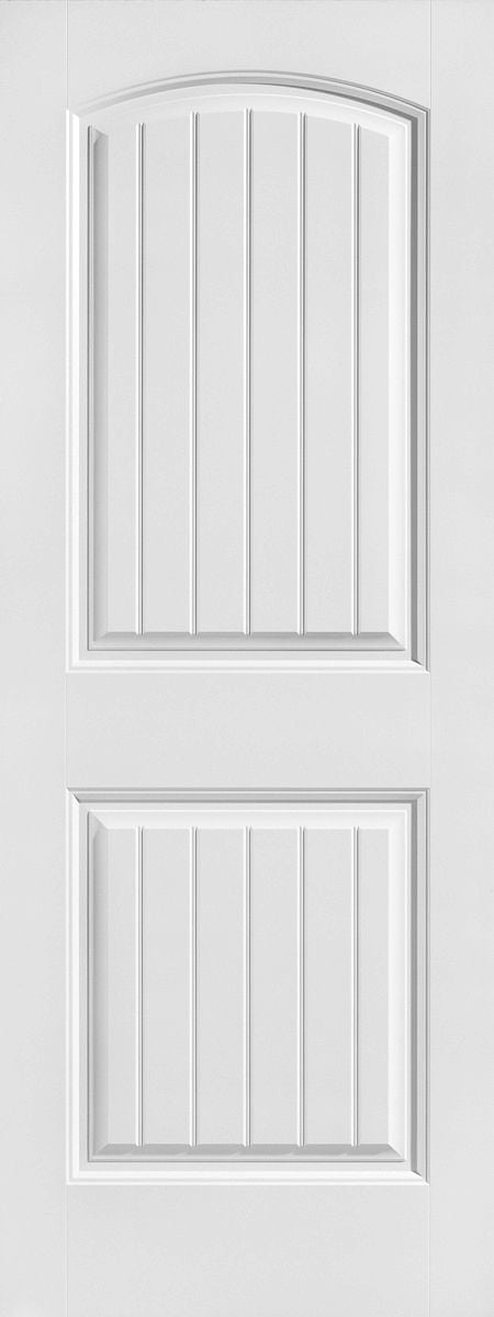 A white, paneled door with a vertical groove design, featuring two sections: an arched upper panel and a rectangular lower panel.