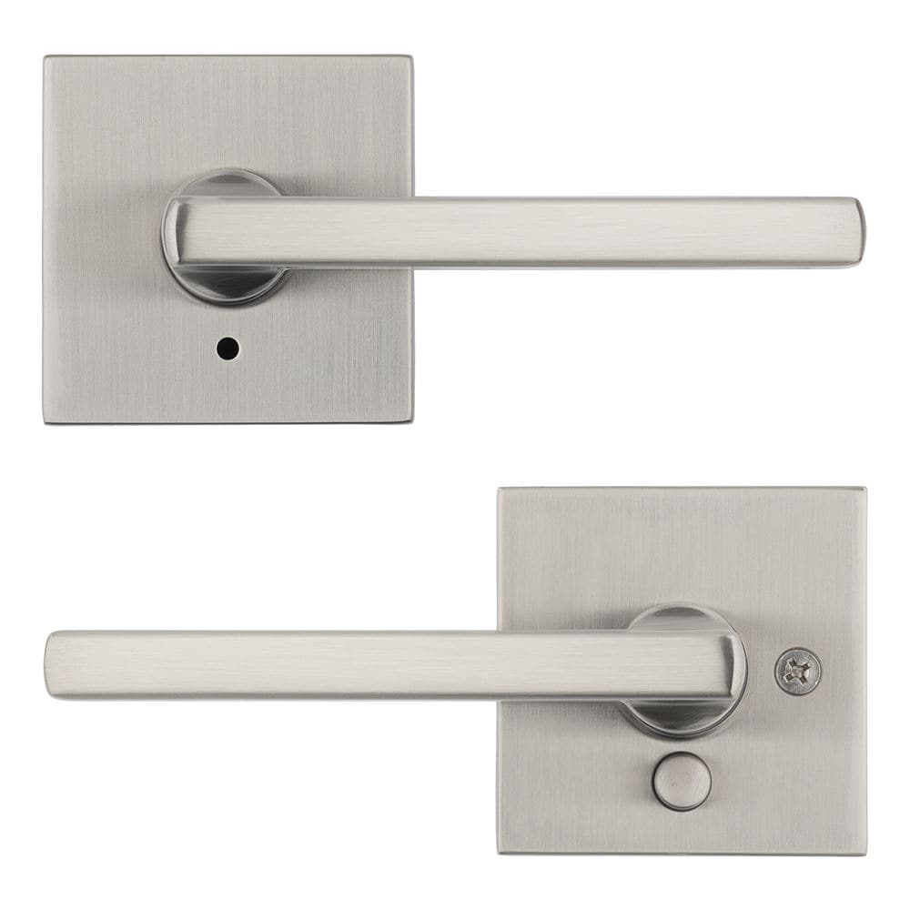 A set of two square-brushed nickel door levers, one with a keyhole and the other with a thumb turn lock.