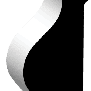 A twisting, metallic ribbon with reflective surfaces curves upward against a plain background.