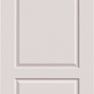 A white door with two rectangular panels, one larger and one smaller, featuring raised edges.