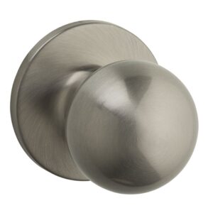 A round, brushed nickel doorknob with a circular base.