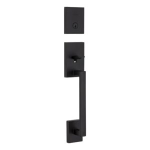 A modern, matte black square door handle and lock set with a minimalist design.
