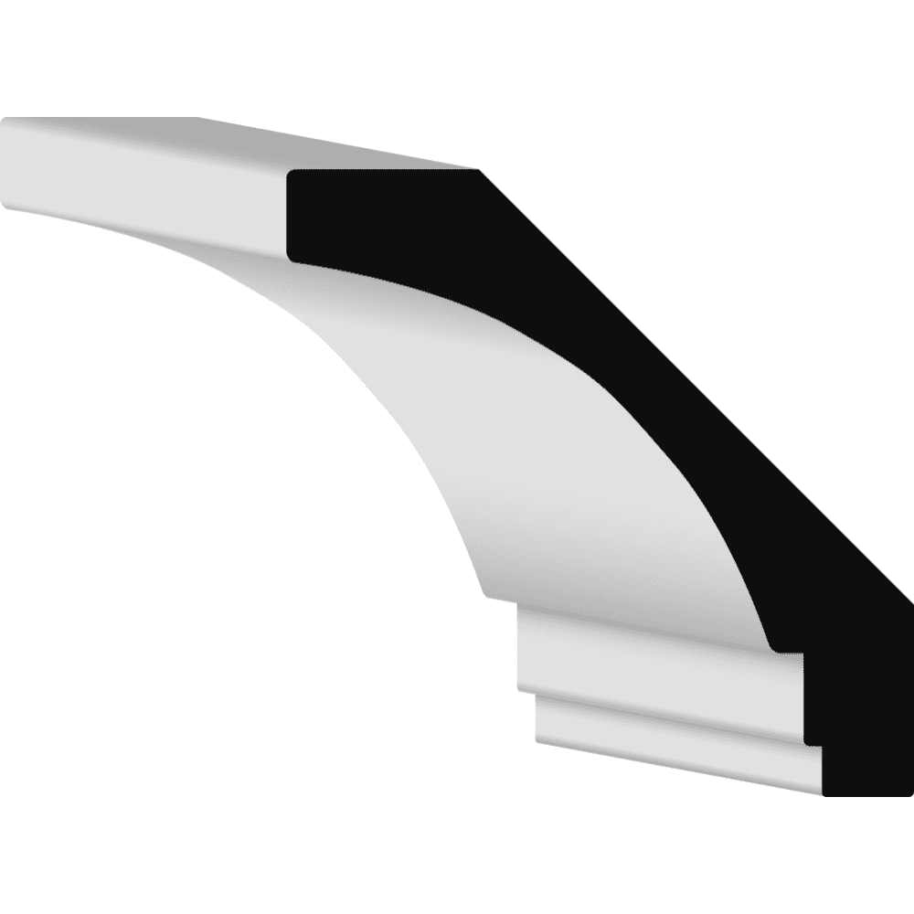 Illustration of a white and black crown molding profile with a curved design against a plain background.