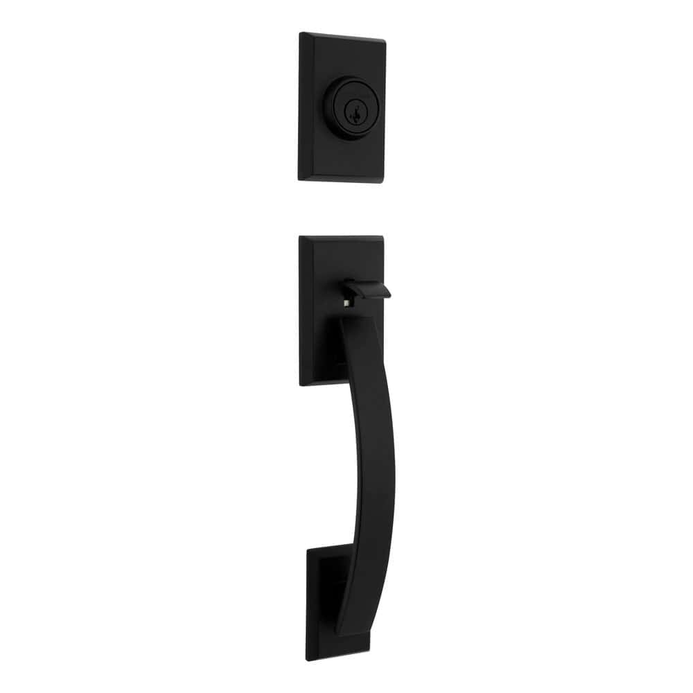 Black square door lock and handle set with a modern design, featuring a separate deadbolt and lever handle.