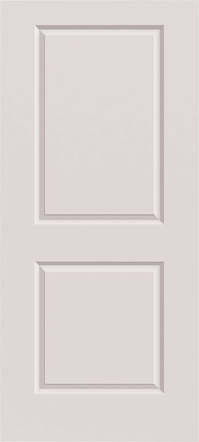 A white door with two rectangular panels, one on top of the other, featuring simple, raised molding.
