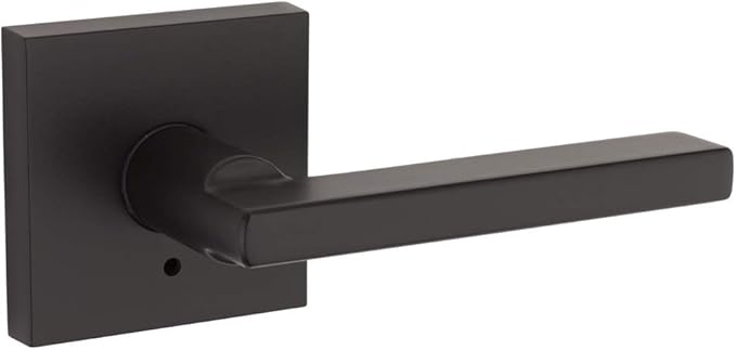 A black, modern door lever handle with a square base and minimal design.