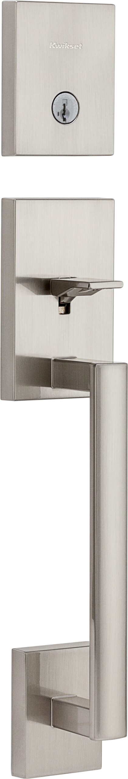 A modern, silver door handle with a square lock and a vertical pull lever design.