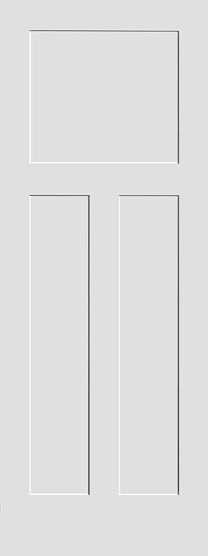 A simple, gray, three-panel door design with one horizontal panel at the top and two vertical panels below it.