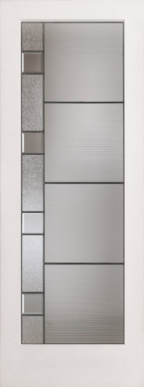 Rectangular door with vertical, alternating textured and smooth glass panels, framed in white.