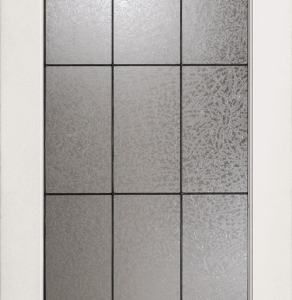 A tall, rectangular door with a white frame featuring a grid of frosted glass panes.