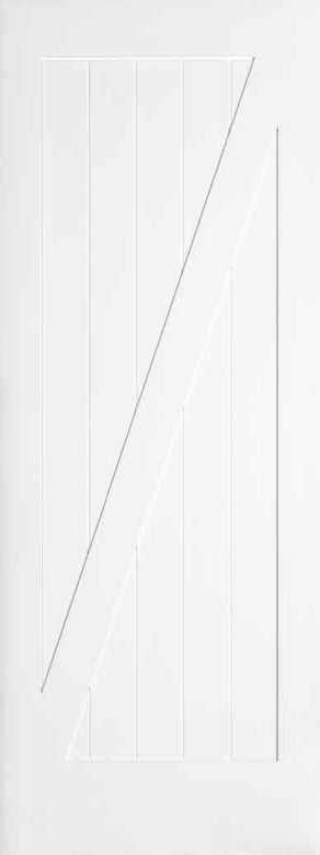 White wooden door with a diagonal board design across five vertical panels.