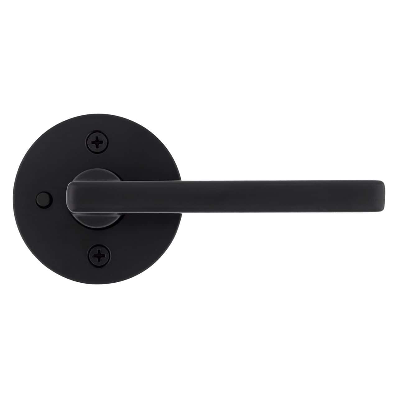 A black door handle with a circular base and a straight lever design.
