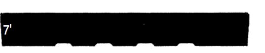 Black rectangular object with evenly spaced notches along the bottom and the number 7 on the left side.