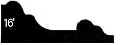 A black silhouette of a curved, stepped shape with the number 16 on the left side.