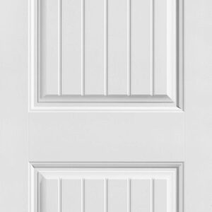 A white, paneled door with a vertical groove design, featuring two sections: an arched upper panel and a rectangular lower panel.