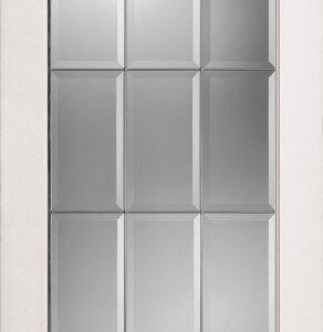 A white door with a vertical window consisting of fifteen frosted glass panels arranged in three columns of five rows each.