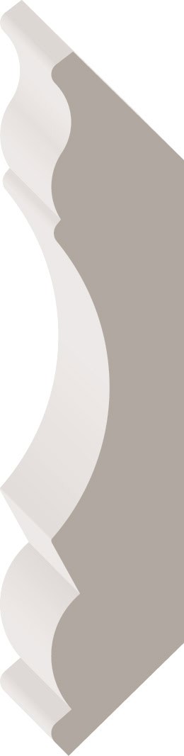 Illustration of a wooden molding profile with a curved design and multiple layers in gray and white.