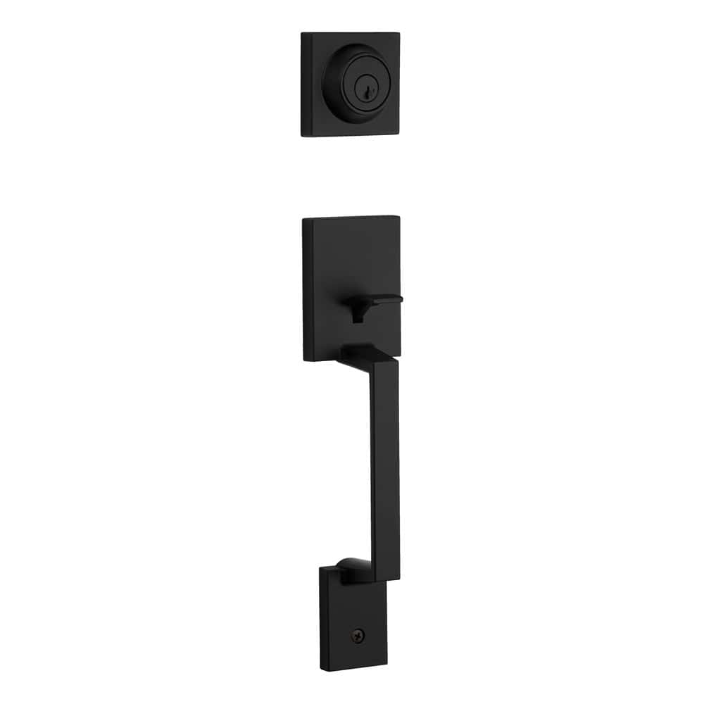Black door handle set featuring a square deadbolt and a rectangular handle with a thumb latch.